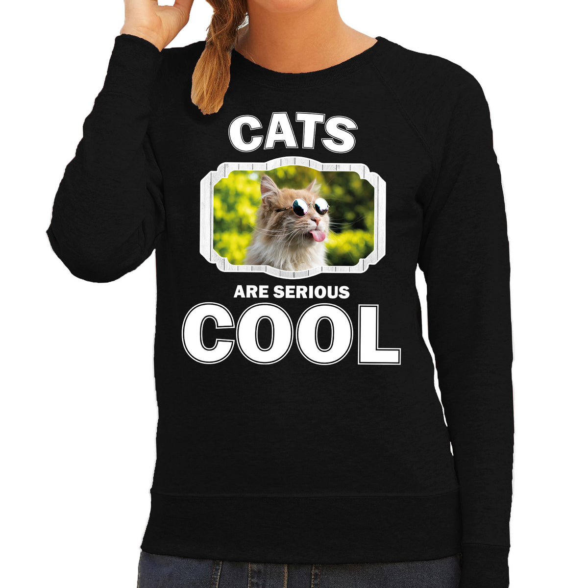 dieren-gekke-poes-sweater-zwart-dames-cats-are-cool-trui_10243006