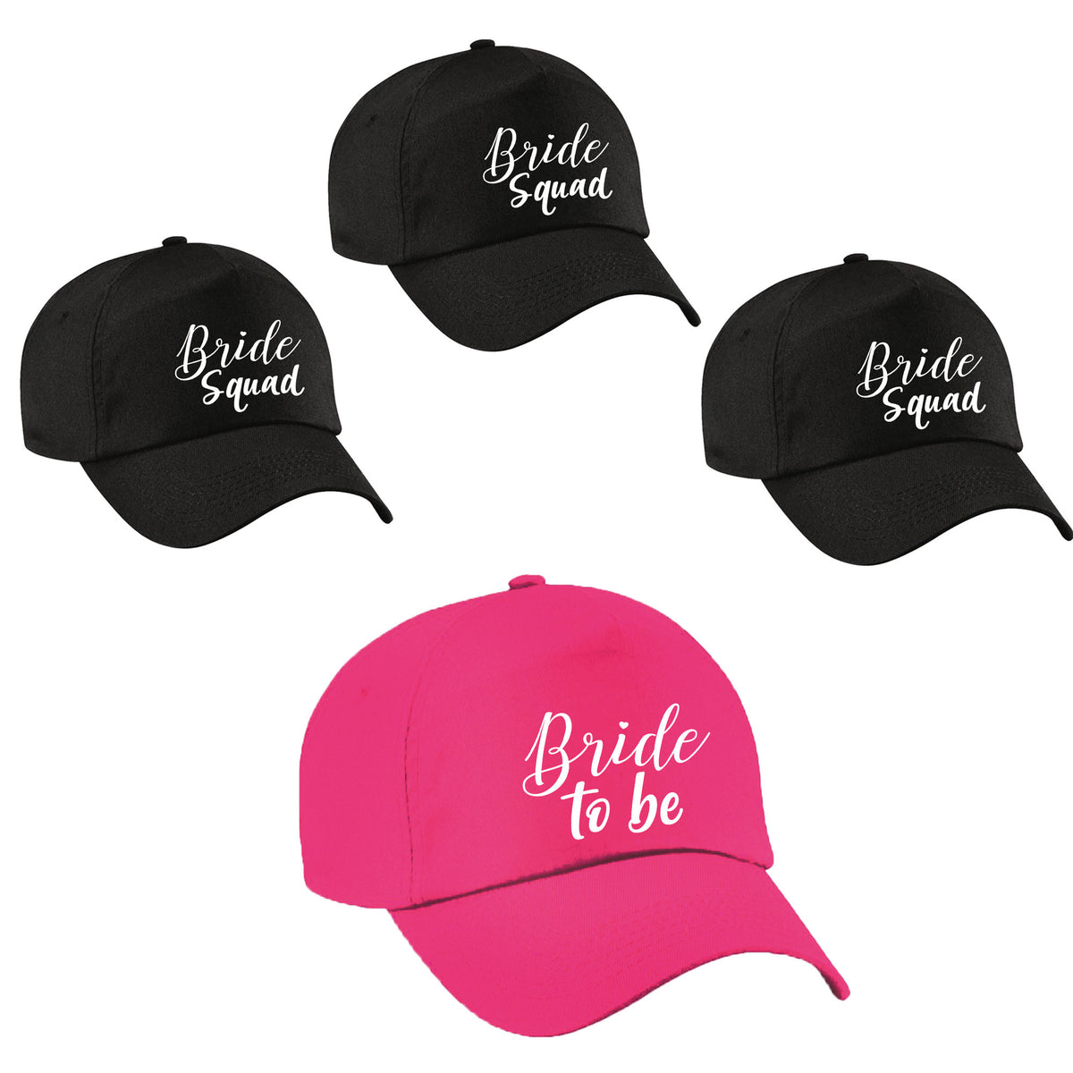 vrijgezellenfeest-dames-petjes-pakket-sierlijk-1x-bride-to-be-roze-7x-bride-squad-zwart_10298028-1