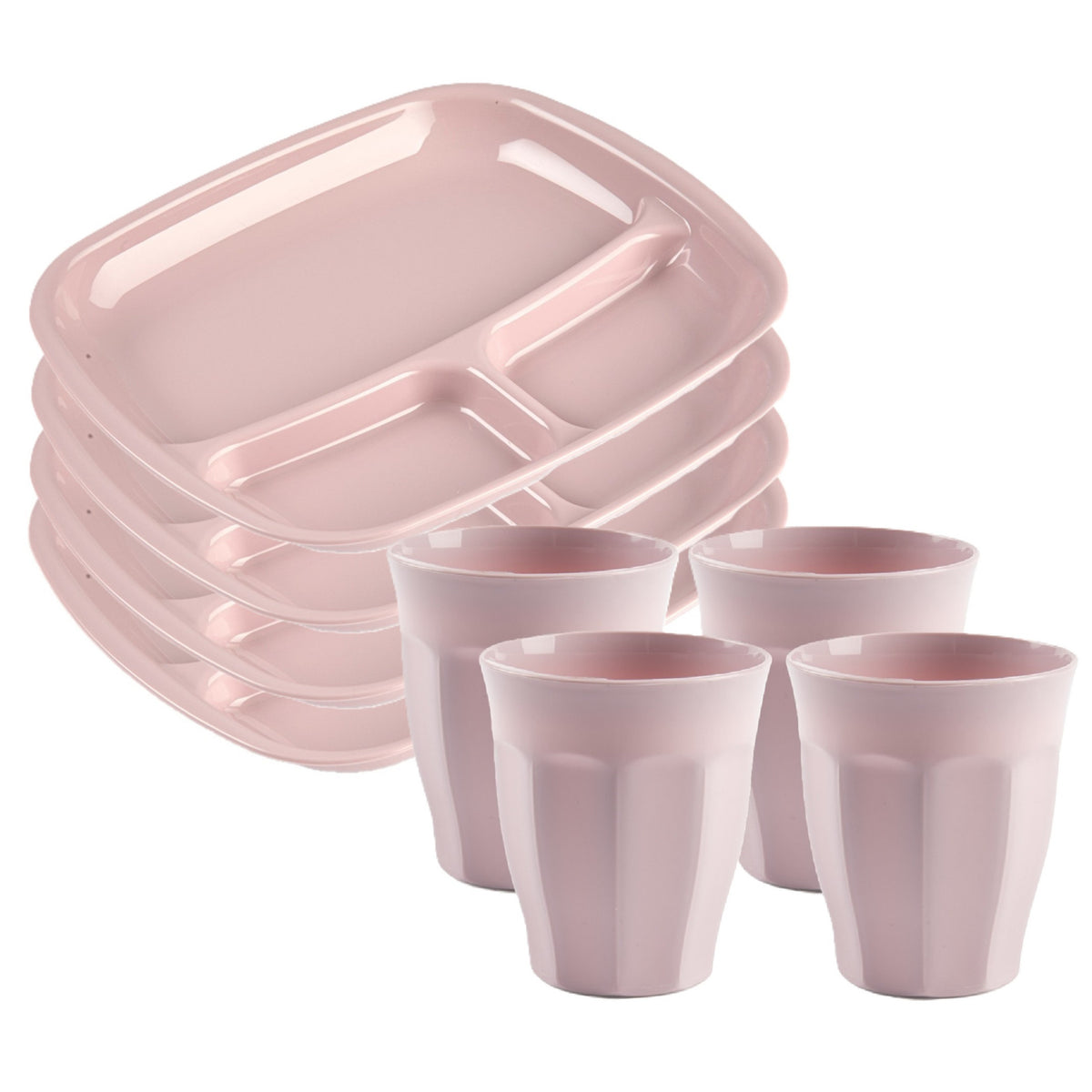 servies-van-kunststof-8x-vakjesborden-en-8x-drinkbekers-roze_10439044