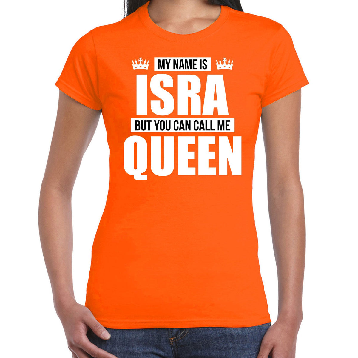 naam-cadeau-tshirt-my-name-is-isra-but-you-can-call-me-queen-oranje-dames-koningsdag_10347055
