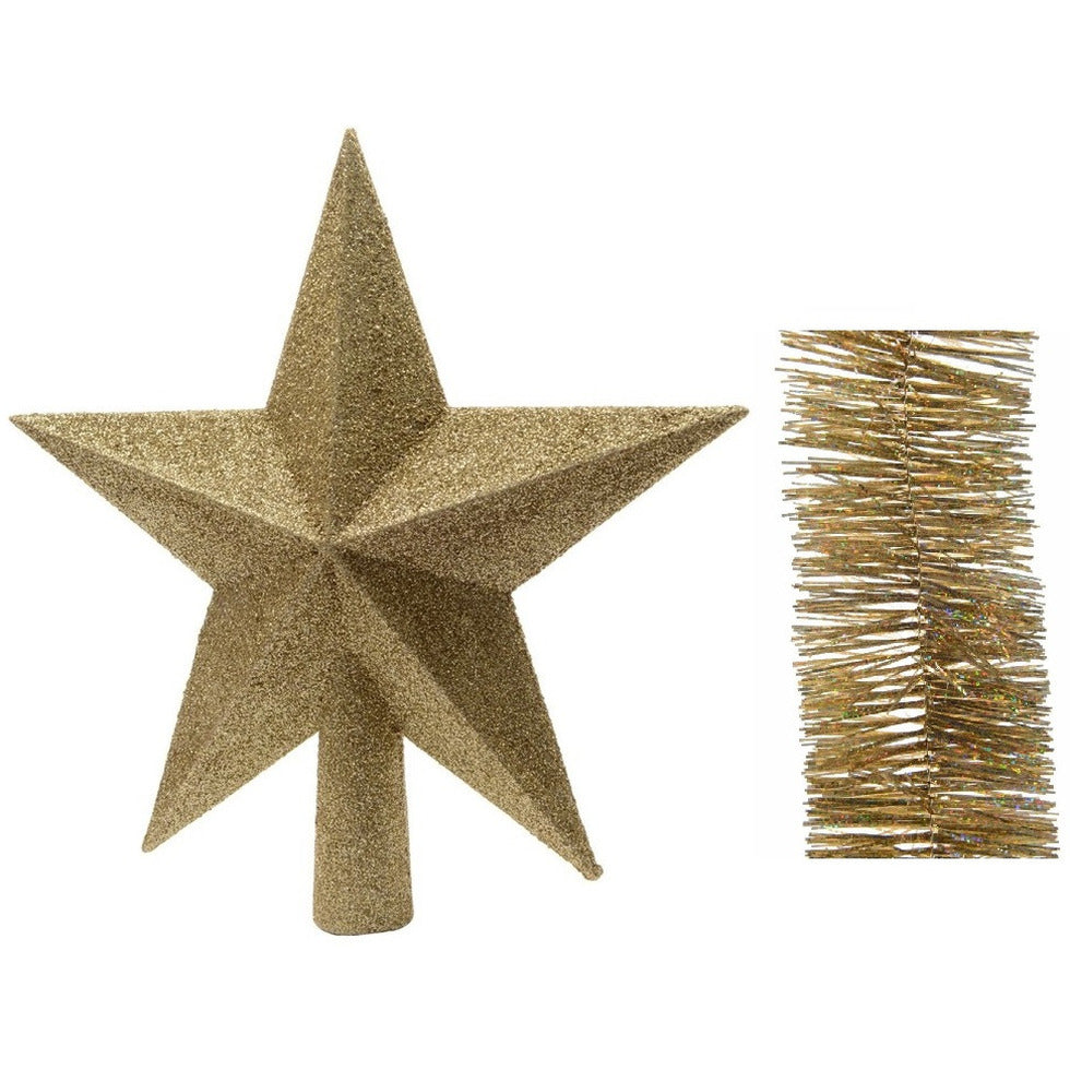 kerstversiering-kunststof-glitter-ster-piek-19-cm-en-glitter-folieslingers-pakket-goud-van-3x-stuks_10324085
