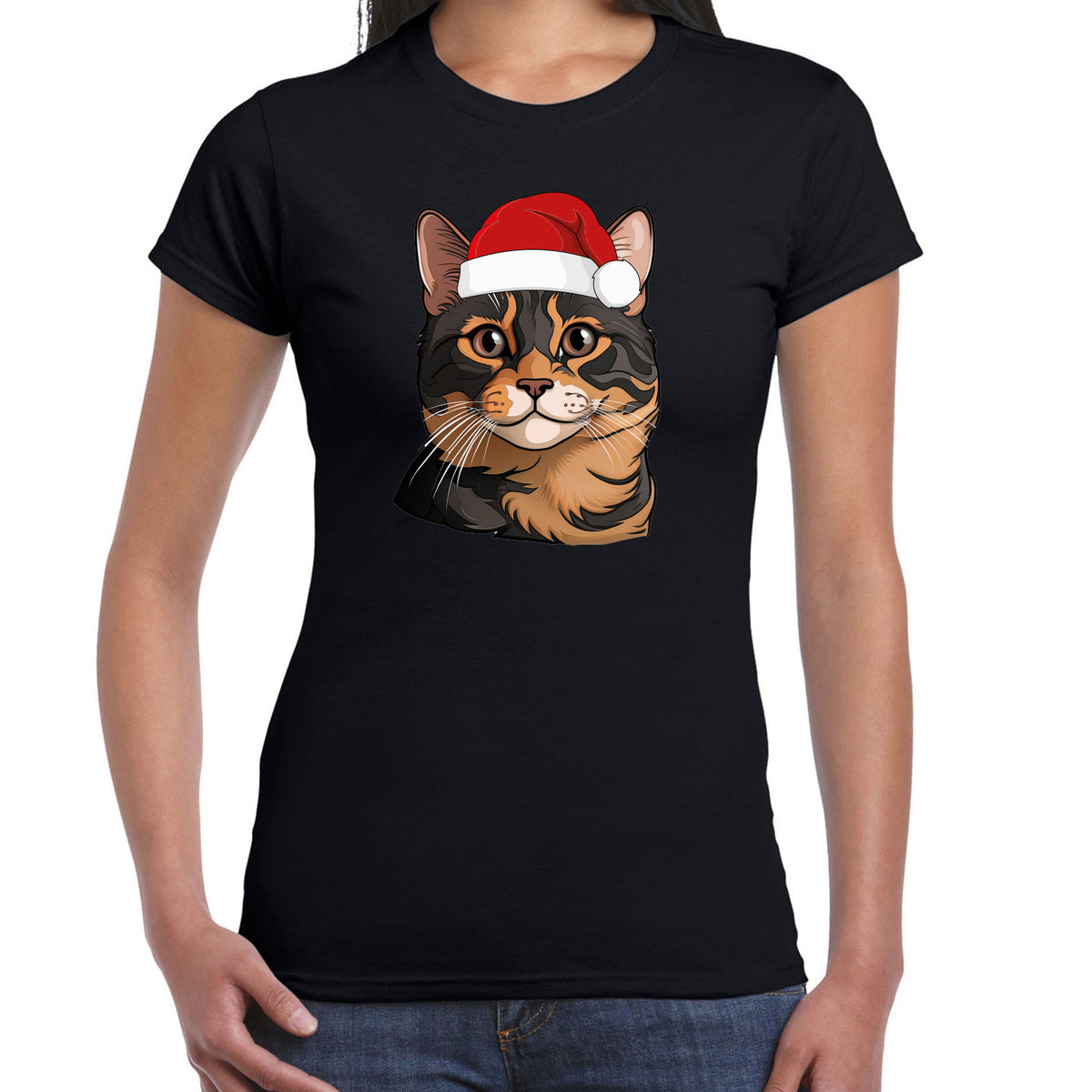 kerst-tshirt-voor-dames-bruine-kat--poes-met-kerstmuts-zwart-kerstfeest-kleding_10483142