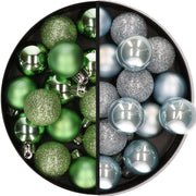 28x-stuks-kleine-kunststof-kerstballen-groen-en-lichtblauw-3-cm_10367232