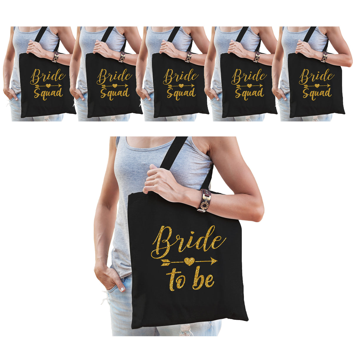 vrijgezellenfeest-dames-tasjes-goodiebag-pakket-1x-bride-to-be-zwart-goud-5x-bride-squad-zwart-go_10300240