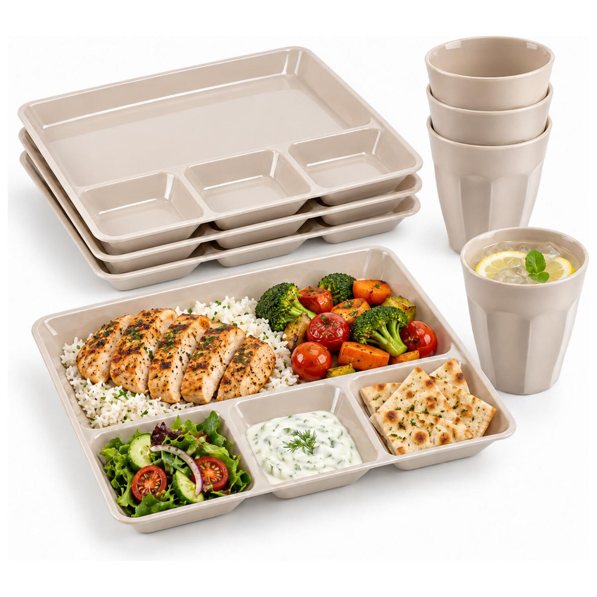 plasticforte-vakjesborden-4x-met-bekers-4x-beige-kunststof-gourmetborden-bbq-servies_10475254-1