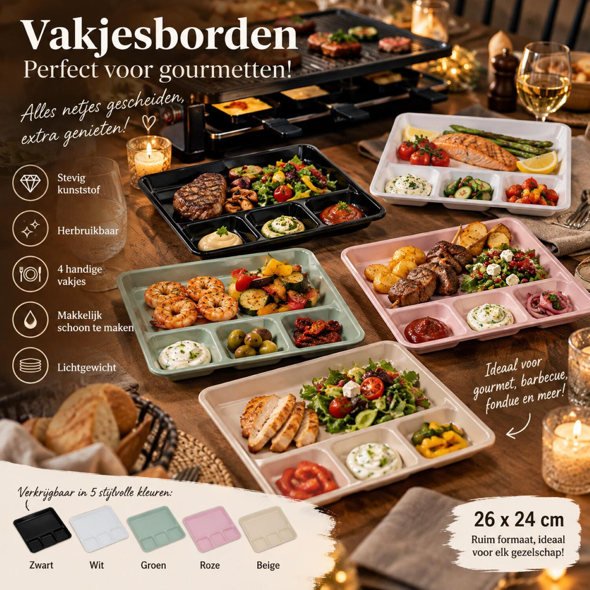 plasticforte-vakjesborden-4x-met-bekers-4x-roze-kunststof-gourmetborden-bbq-servies_10475255-2
