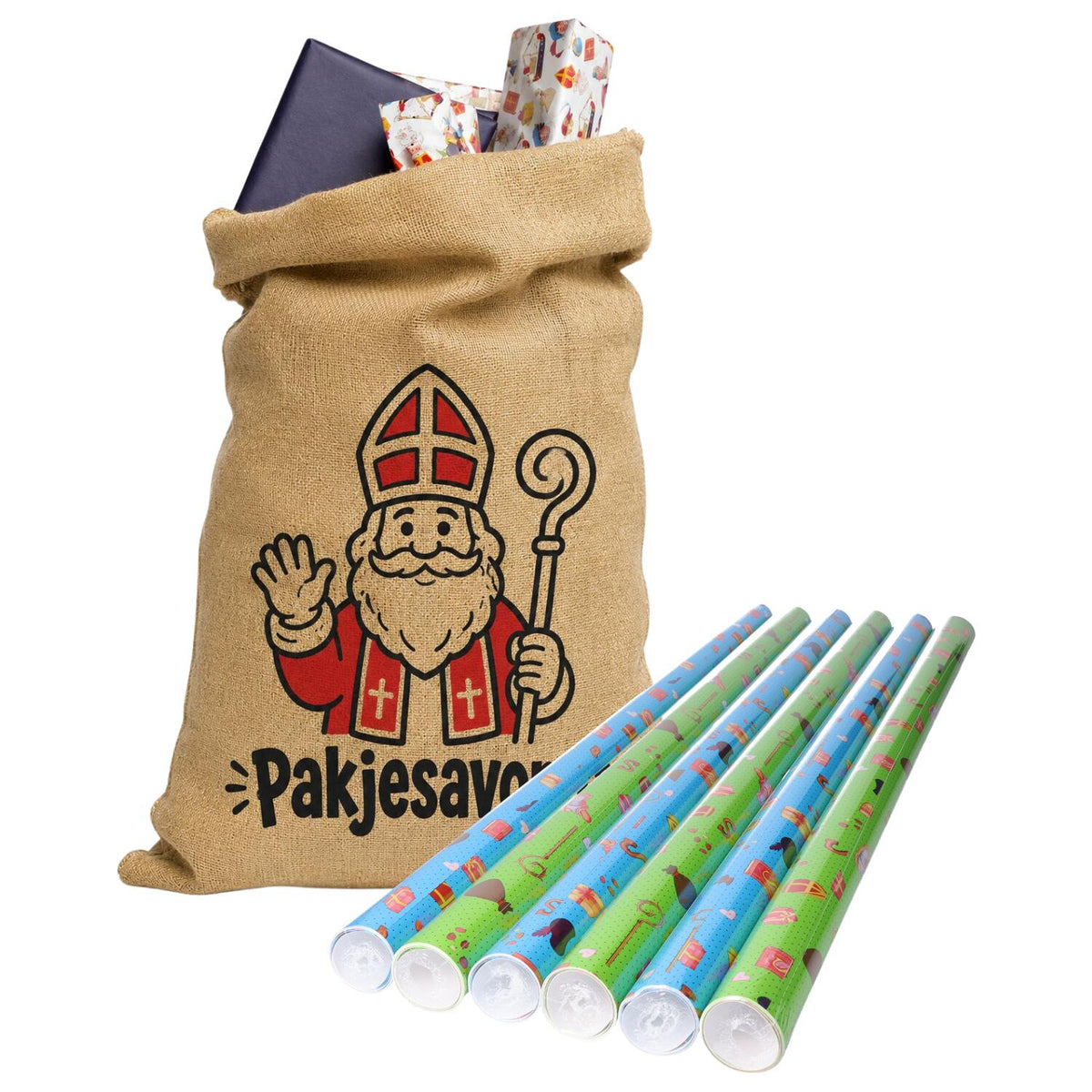bellatio-decorations-sinterklaas-inpakset-6x-cadeaupapier-1x-jute-zak_10501300