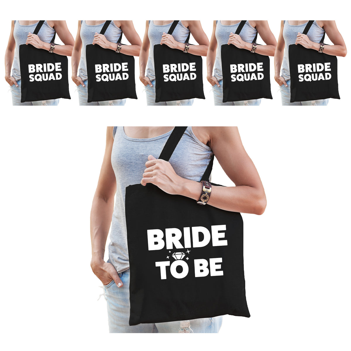 pakket-vrijgezellenfeest-dames-tasjes-goodiebag-1x-bride-to-be-zwart-5x-bride-squad-zwart_10300346