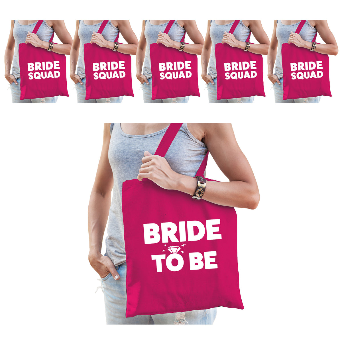 pakket-vrijgezellenfeest-dames-tasjes-goodiebag-1x-bride-to-be-roze-5x-bride-squad-roze_10300348