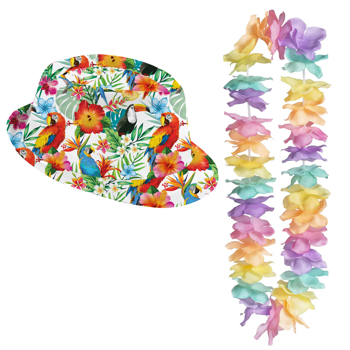 carnaval-verkleed-set-tropische-hawaii-party-hoed-met-bloemenslinger-volwassenen_10421376