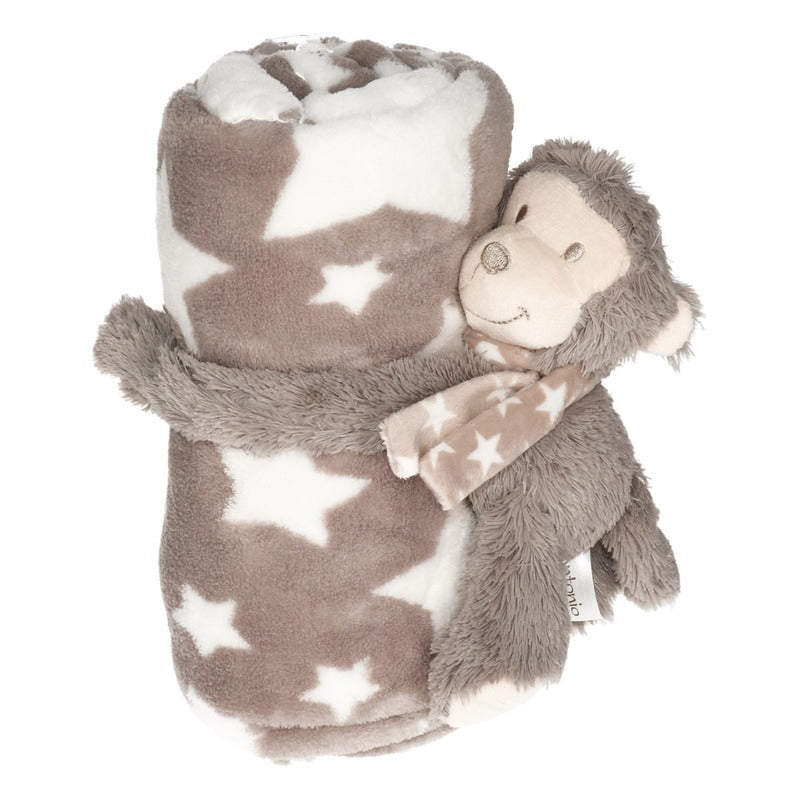 Baby/children's grey blanket with monkey soft toy