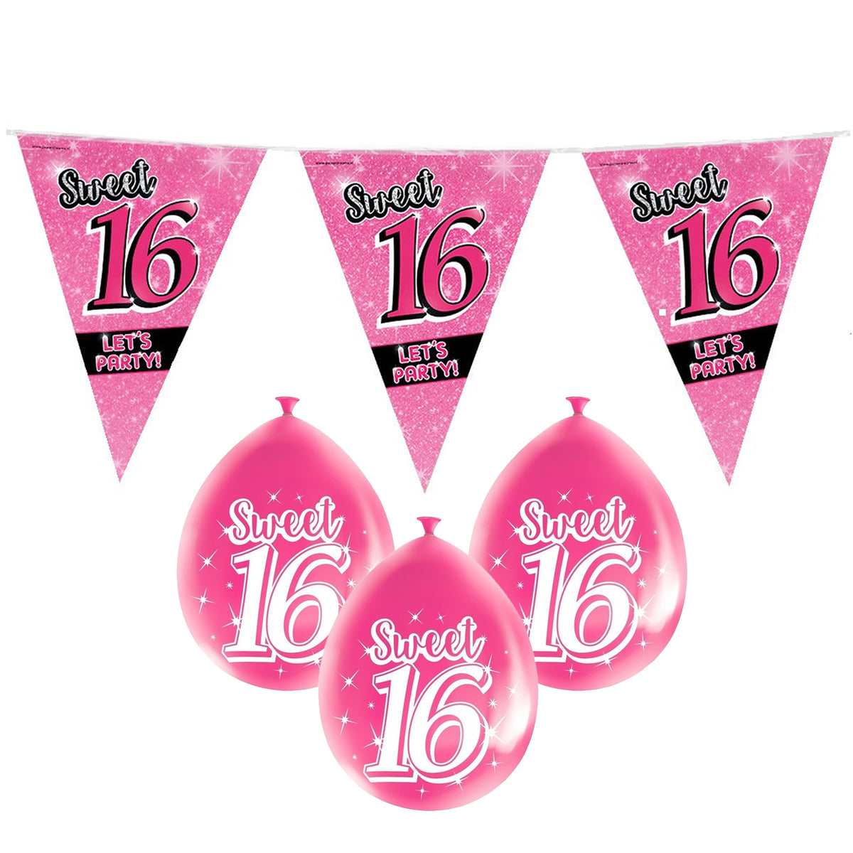 sweet-16-sixteen-versiering-pakket-vlaggetjes-ballonnen-roze-met-leeftijd-print_10365413