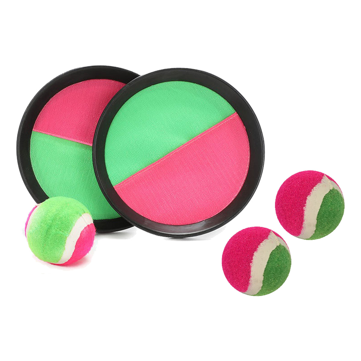 vangbalspel-met-klittenband-groen-roze-2-schilden-en-3-balletjes-buiten-strand-spellen_10436449