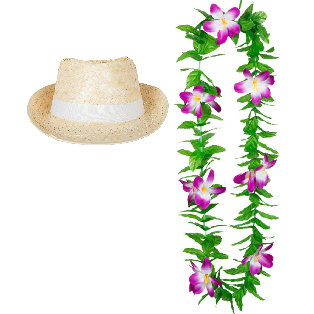 carnaval-verkleed-set-tropische-hawaii-party-ibiza-strohoedje-en-bloemenkrans-groen-paars_10421457