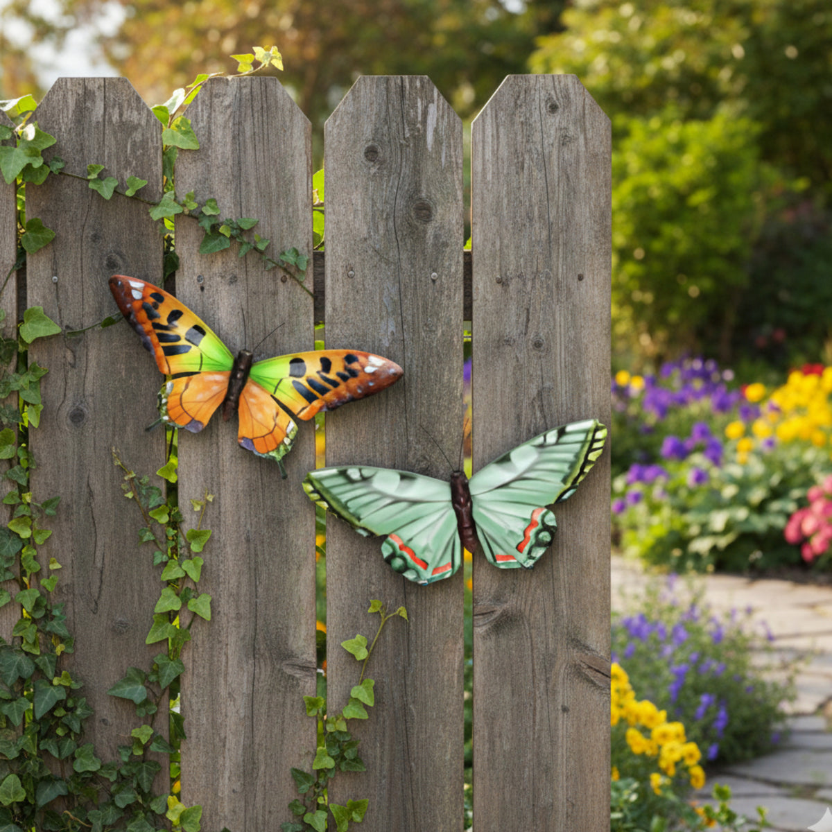 wanddecoratie-vlinders-2x-stuks-oranje-en-groen-49-x-34-cm-metaal-muurdecoratie-tuin_10488492-1