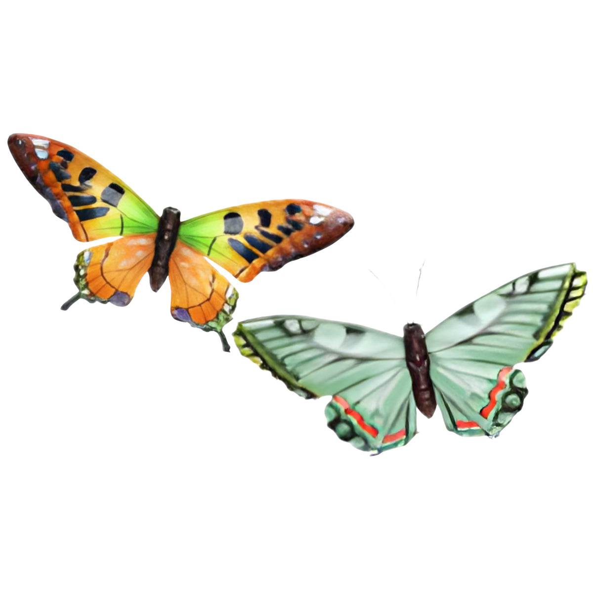 wanddecoratie-vlinders-2x-stuks-oranje-en-groen-49-x-34-cm-metaal-muurdecoratie-tuin_10488492