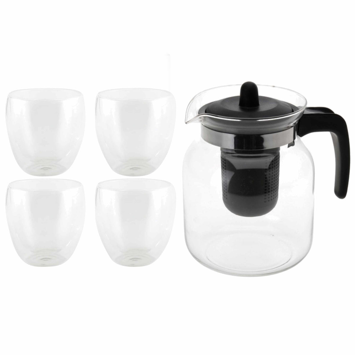 glazen-theepot-zwart-met-filter-van-15-liter-met-4x-stuks-dubbelwandige-theeglazen-van-200-ml_10264573