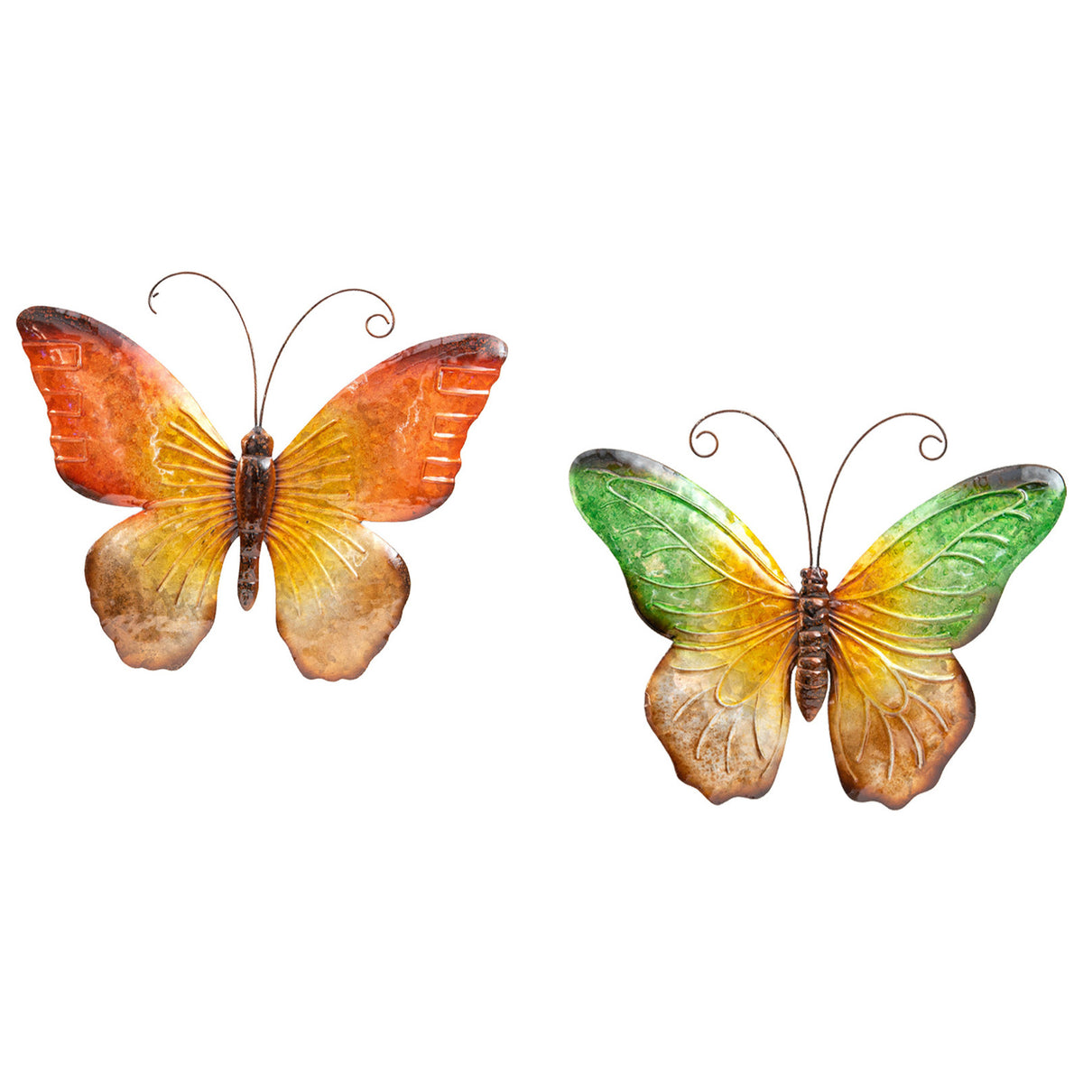 wanddecoratie-vlinders-2x-groen-oranje-32-x-24-cm-metaal-muurdecoratie-schutting_10435624