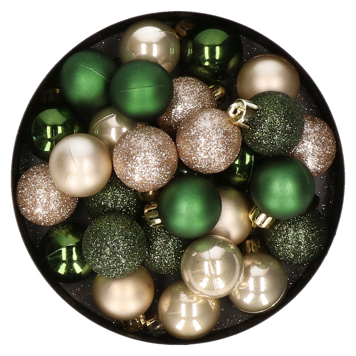 28x-stuks-kunststof-kerstballen-parel-champagne-en-donkergroen-mix-3-cm_10351650