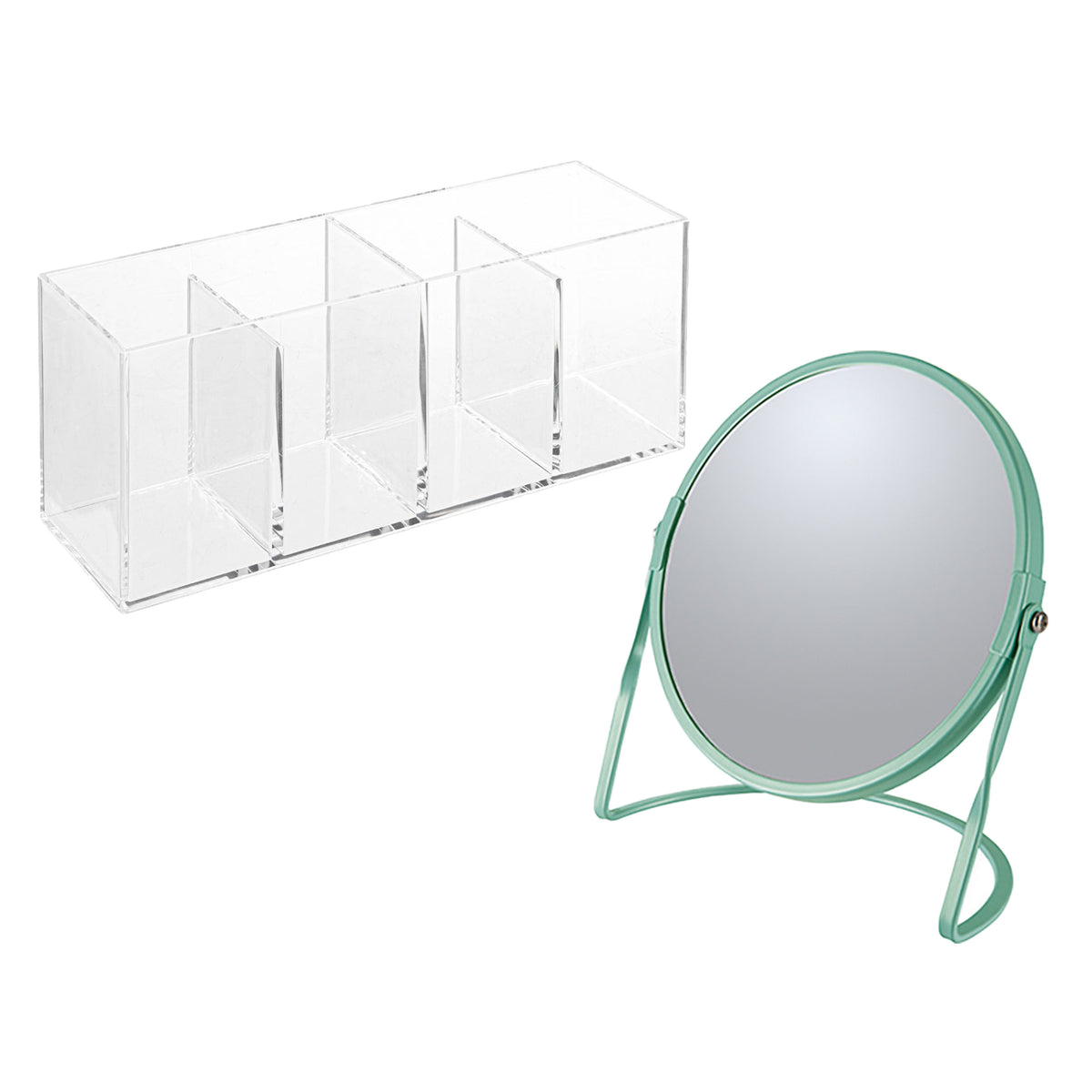 makeup-organizer-en-spiegel-set-4-vakjes-plastic-metaal-5x-zoom-spiegel-groen-transparant_10416673