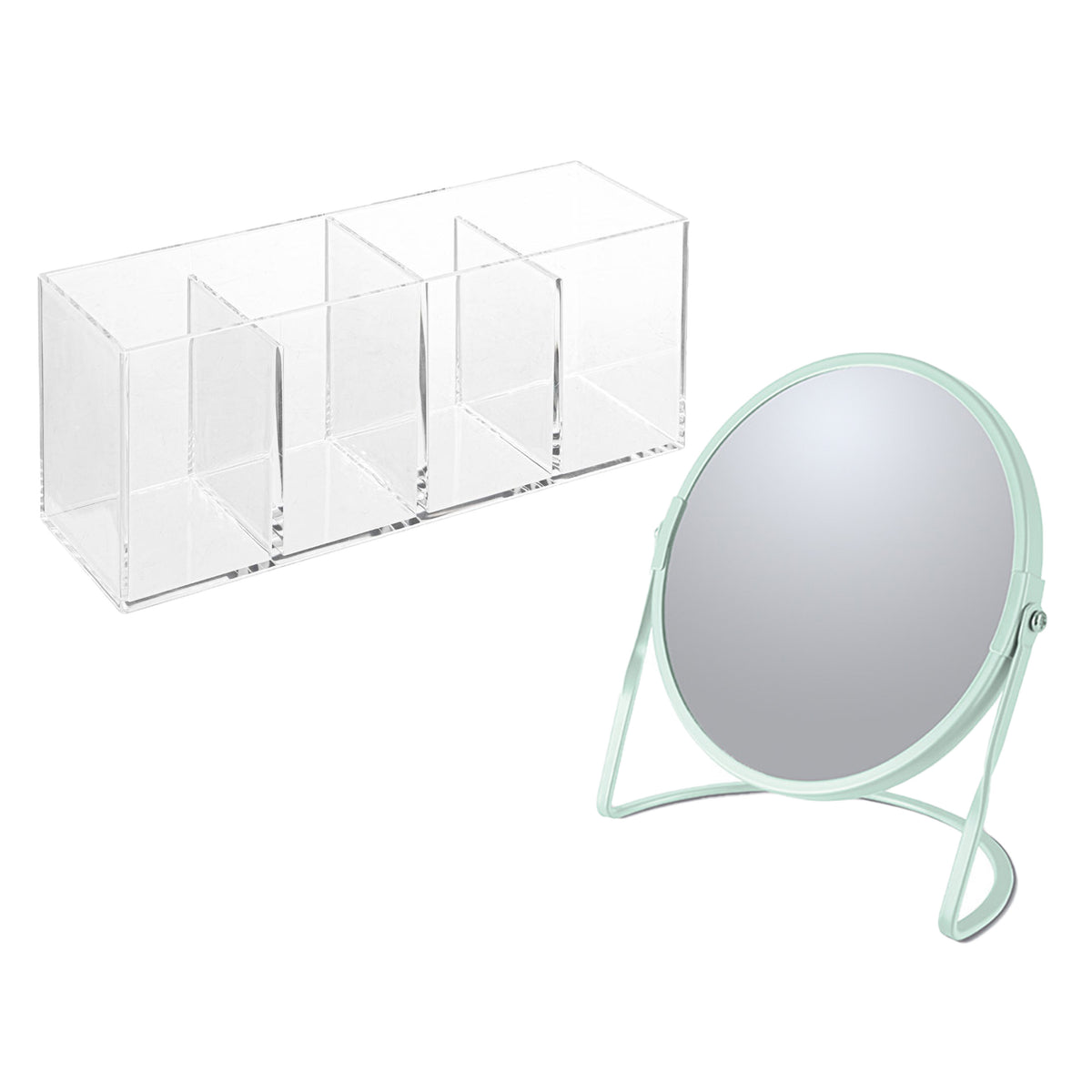 makeup-organizer-en-spiegel-set-4-vakjes-plastic-metaal-5x-zoom-spiegel-mint-transparant_10416676
