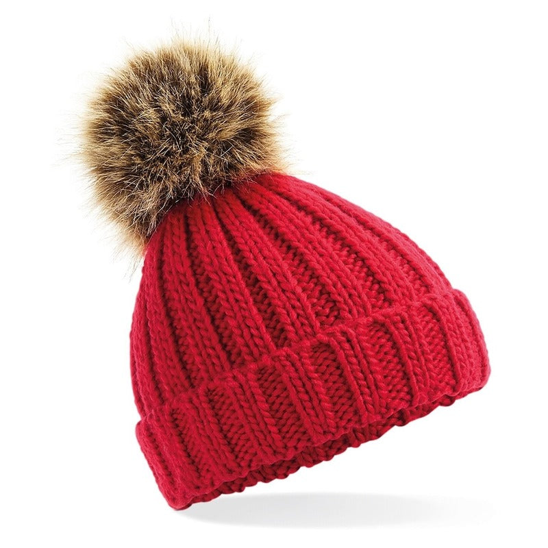 beechfield-wintermuts-gebreid-rood-met-nep-bont-pompon-volwassenen-muts_10129700