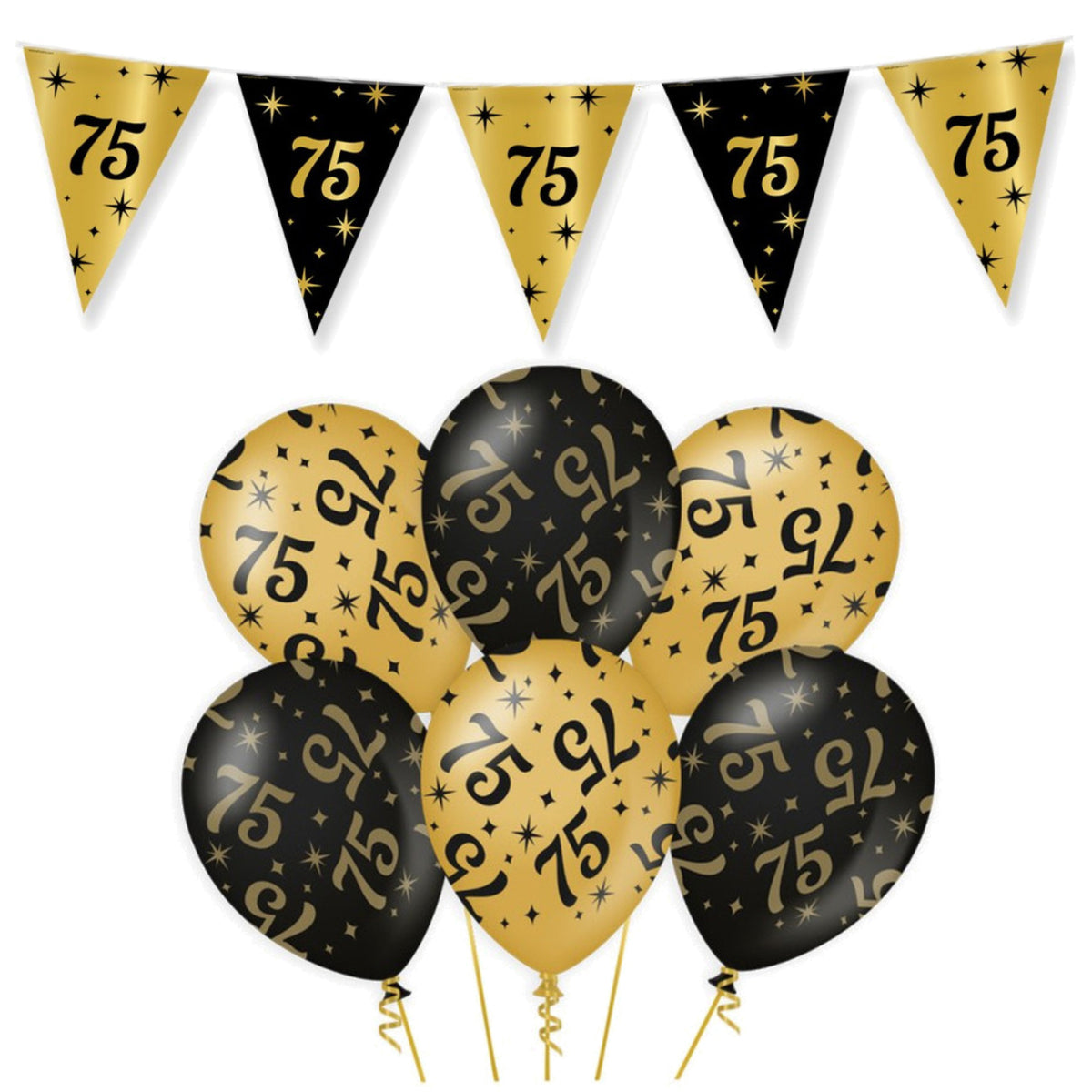 leeftijd-verjaardag-feestartikelen-pakket-vlaggetjes-ballonnen-75-jaar-zwart-goud_10339719-1