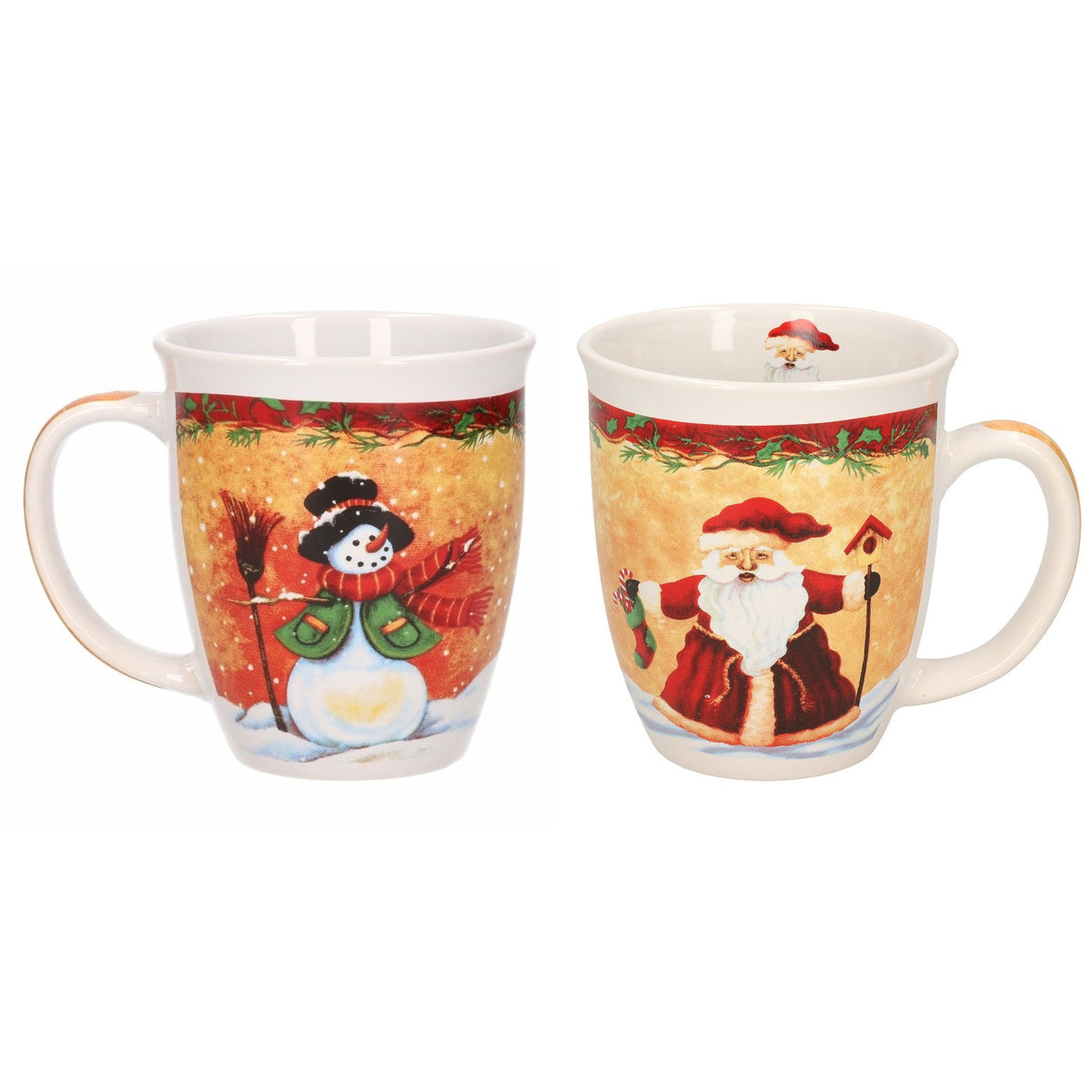 set-van-2x-stuks-kerstmokken-sneeuwpop-met-zwarte-hoed-en-kerstman-met-kerstsok-11-cm_10320843