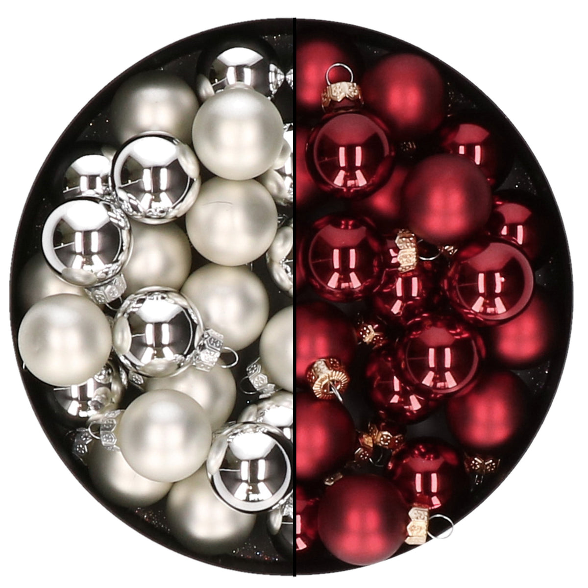 mini-kerstballen-48x-st-zilver-en-donkerrood-25-cm-glas_10397882
