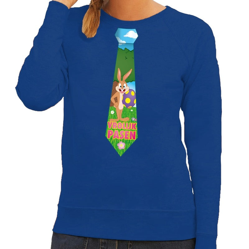 paashaas-stropdas-vrolijk-pasen-sweater-blauw-voor-dames_10141904